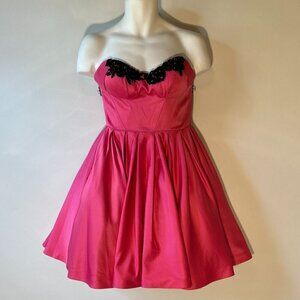 Angela & Alison SZ 0 Hot Pink satin dress black beading party formal prom retro